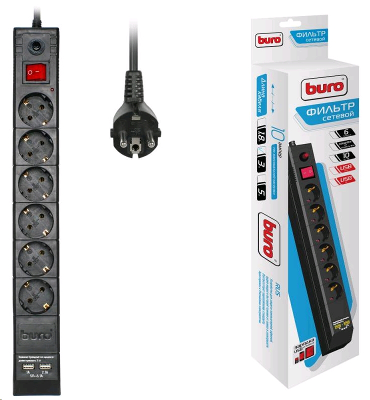 Buro BU-SP3_USB_2A-B 3м (6 розеток) черный (коробка) Сетевой фильтр