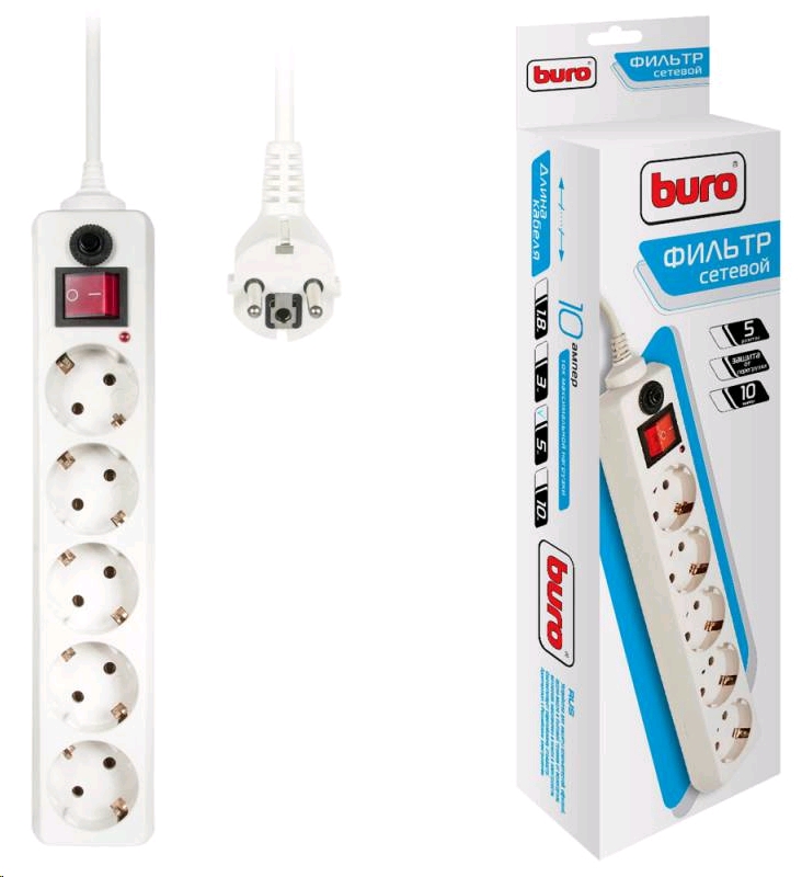 Buro 500SH-5-W 5м (5 розеток) белый (коробка) Сетевой фильтр