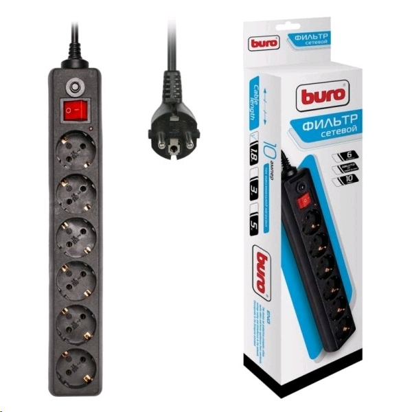 Buro 600SH-1.8-B 1.8м (6 розеток) черный (коробка) Сетевой фильтр