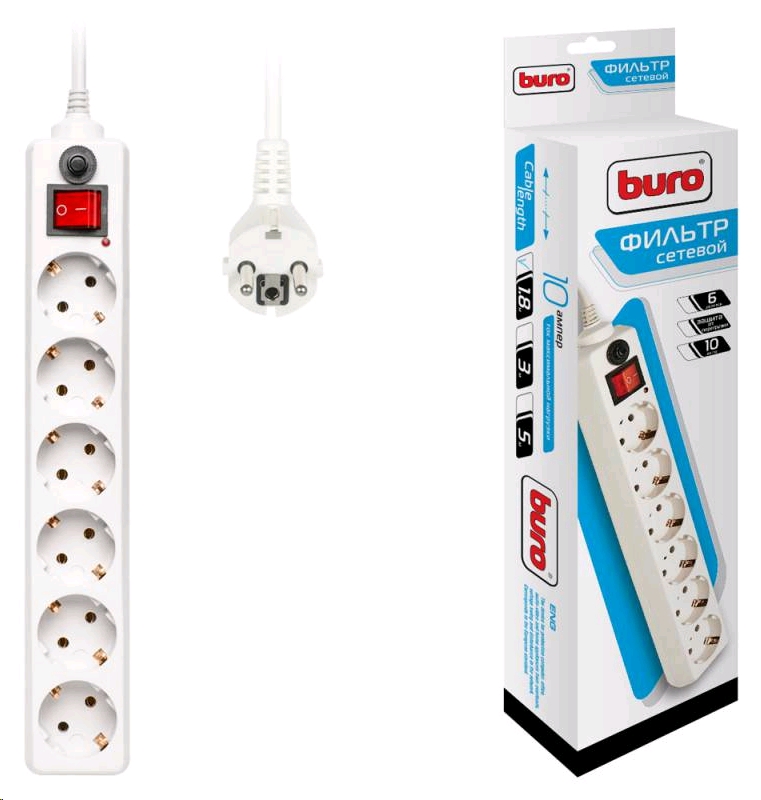 Buro 600SH-1.8-W 1.8м (6 розеток) белый (коробка) Сетевой фильтр