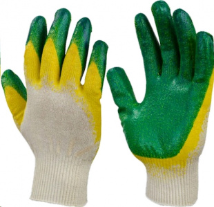 Перчатки х/б 2-ой латексный облив желто-зеленые 10 шт/уп Перчатки